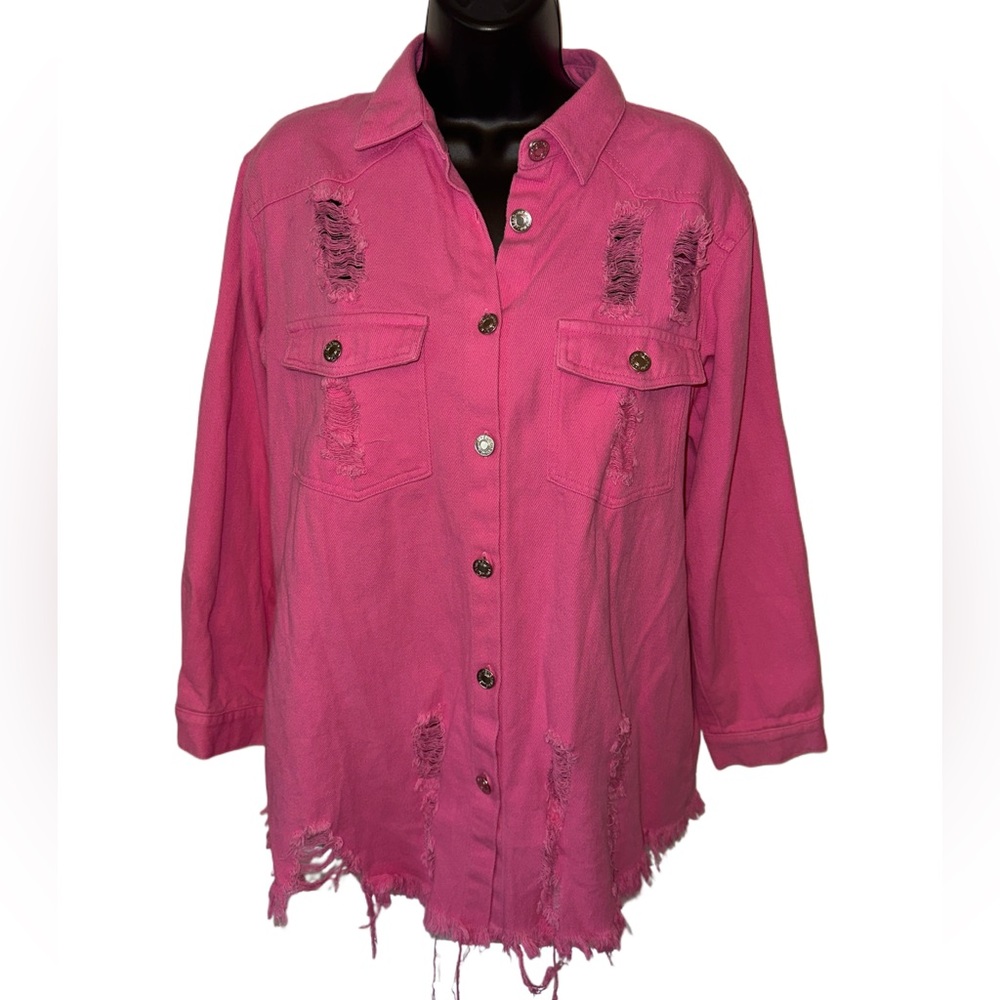 J. NNA Hot Pink Distressed Denim Shirt Shacket - Picture 1 of 3